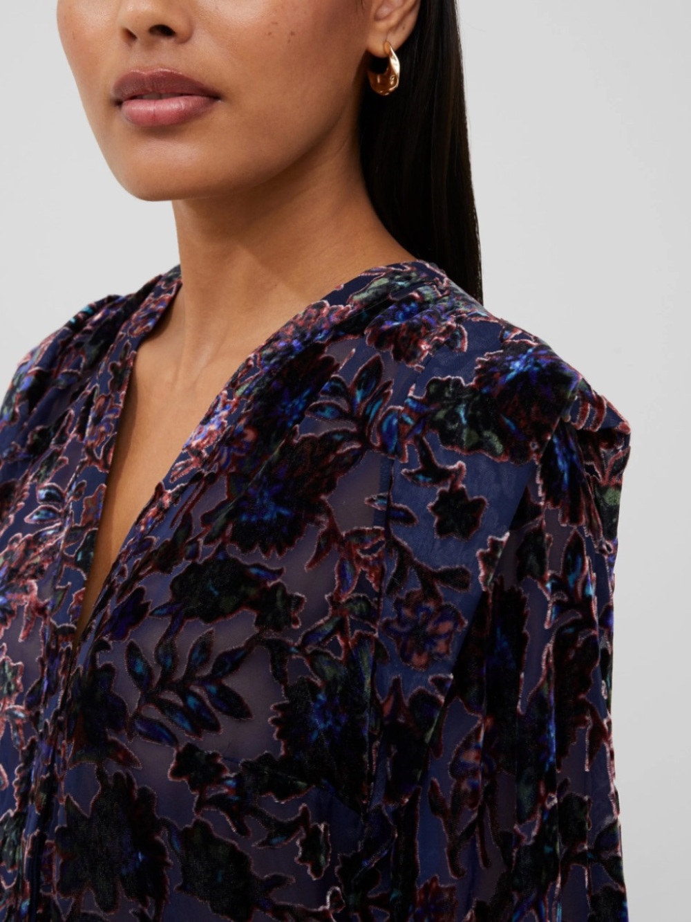 Floral Velvet Sheer Burnout V-Neck Blouse